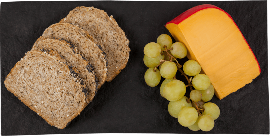 Transparent Arrangement of Gouda Cheese, Grapes, and Bread on Slate