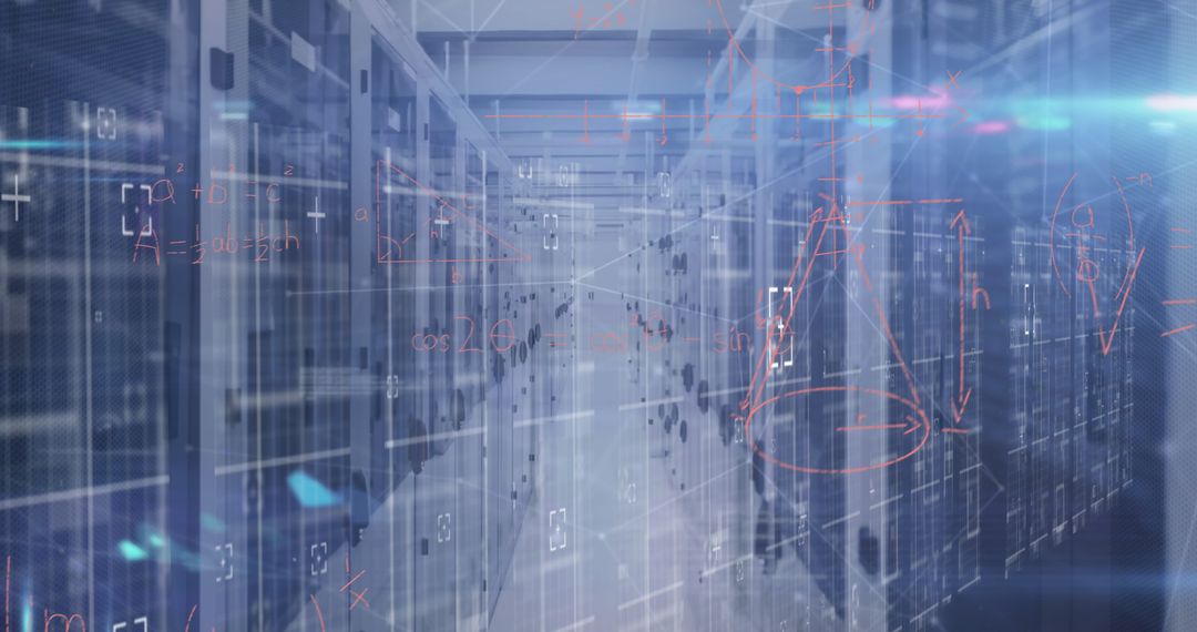 Futuristic Server Room with Layered Digital Graphics