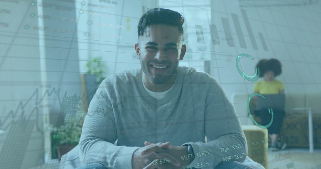 Smiling Professional in Home Office with Financial Chart Overlay