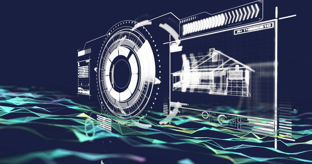 Futuristic Holographic HUD with House Blueprint and Mesh Waves