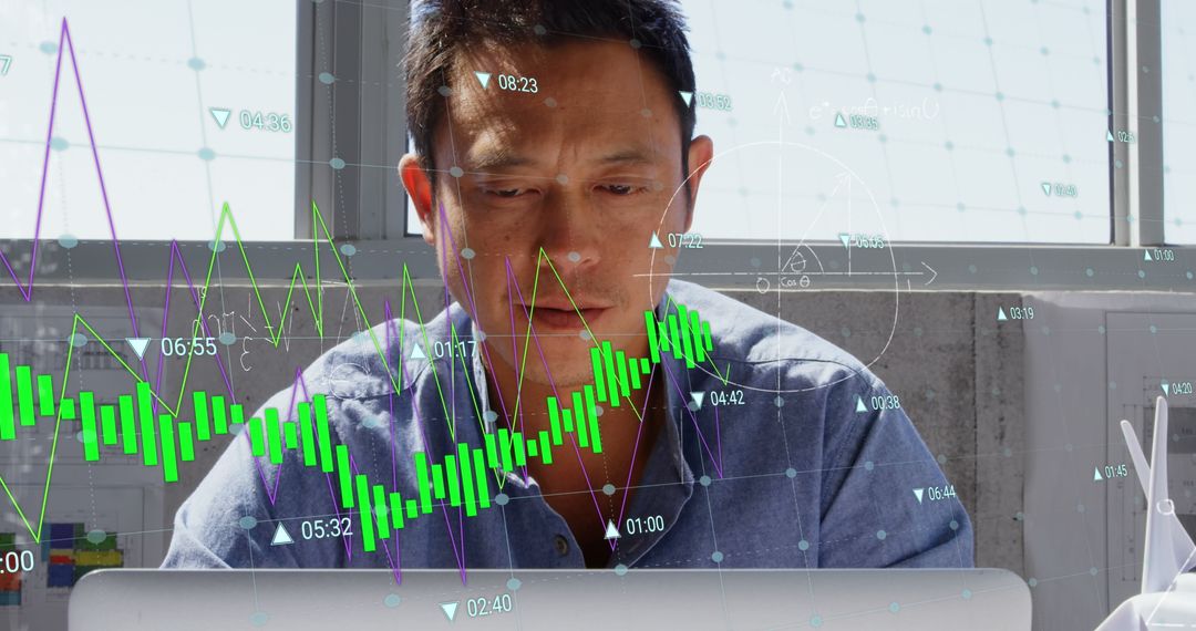 Architect Analyzing Blueprints with Digital Graphs and Charts