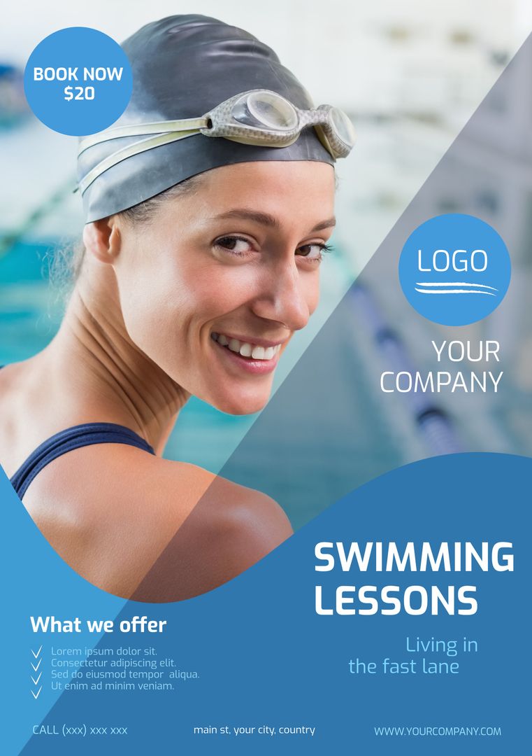 Smiling Woman Promoting Swimming Lessons with Goggles and Swimsuit - Download Free Stock Templates Pikwizard.com