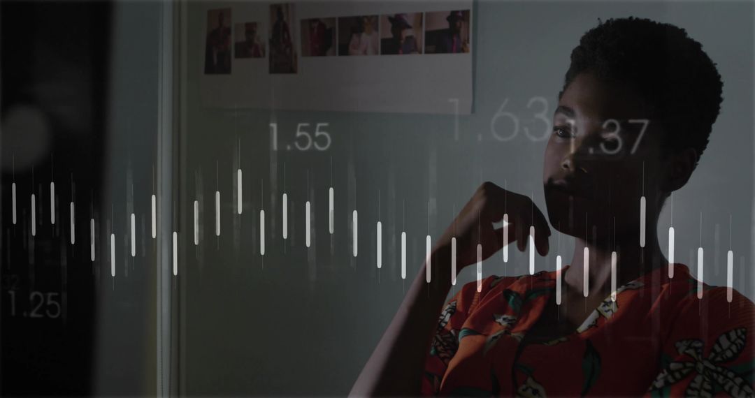 Woman Examining Data with Tech Overlay in Modern Home Office