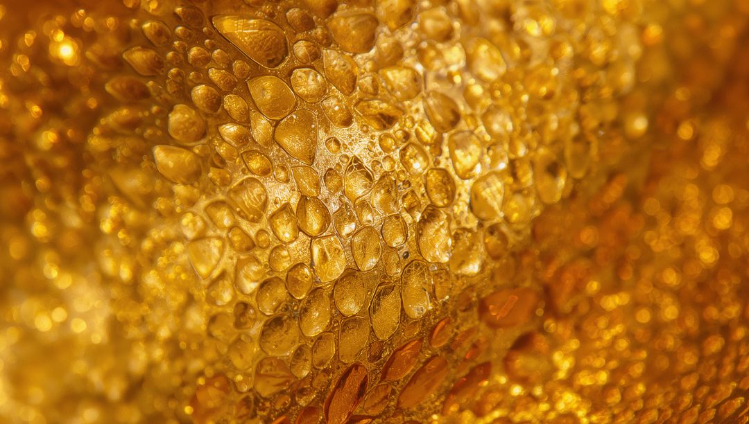 Golden Droplets on Reflective Surface Creating Honeycomb Pattern