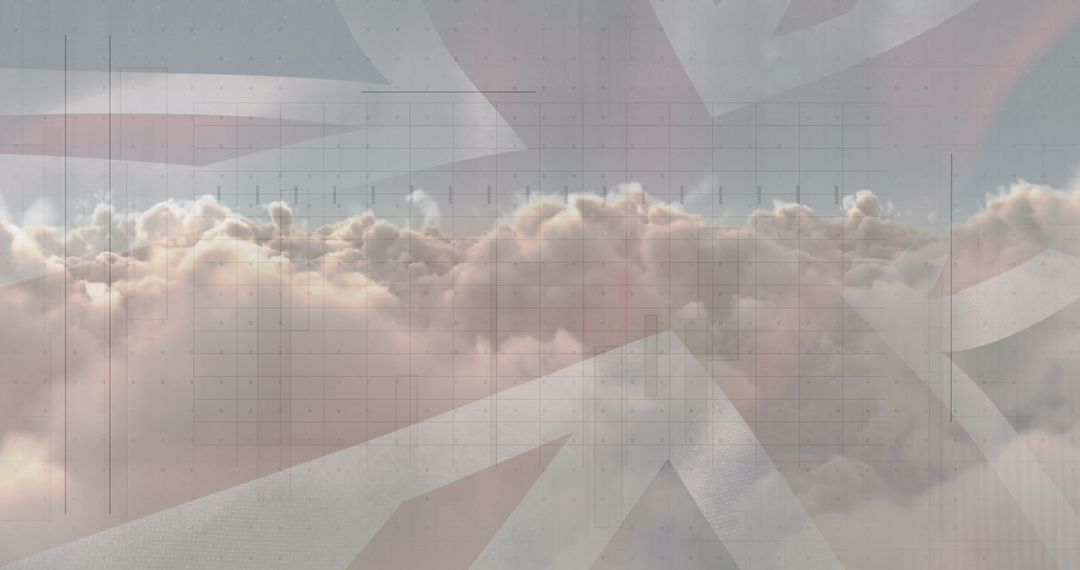 Digital Interface Data Processing over UK Flag on Cloud Background