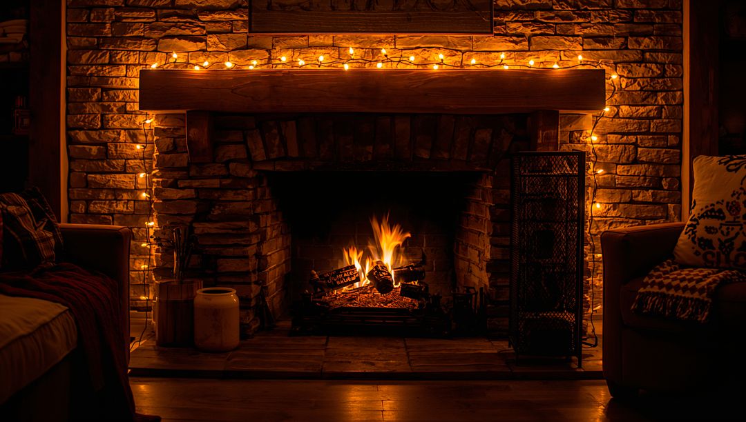 Glowing Stone Fireplace Casting Warm Amber Light with String Lights and Rustic Mantel