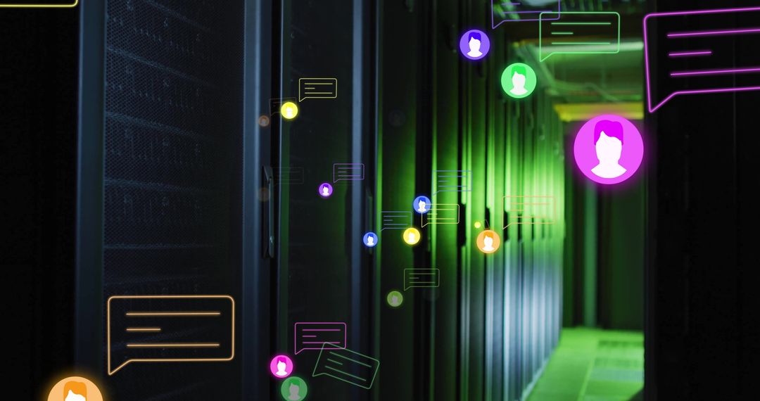 Digital Media Icons Over Modern Server Room
