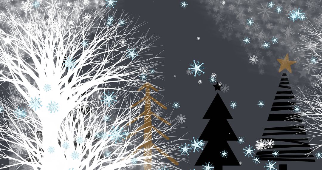 Snowflakes Fall on Stylized Christmas Trees Under Moonlit Sky