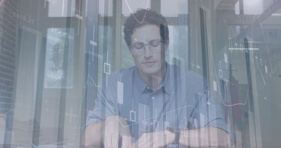 Business Professional Analyzes Financial Data with Digital Interface Overlay