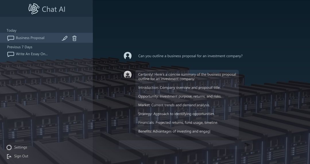 AI Chat Interface on Digital Server Background for Business Insights