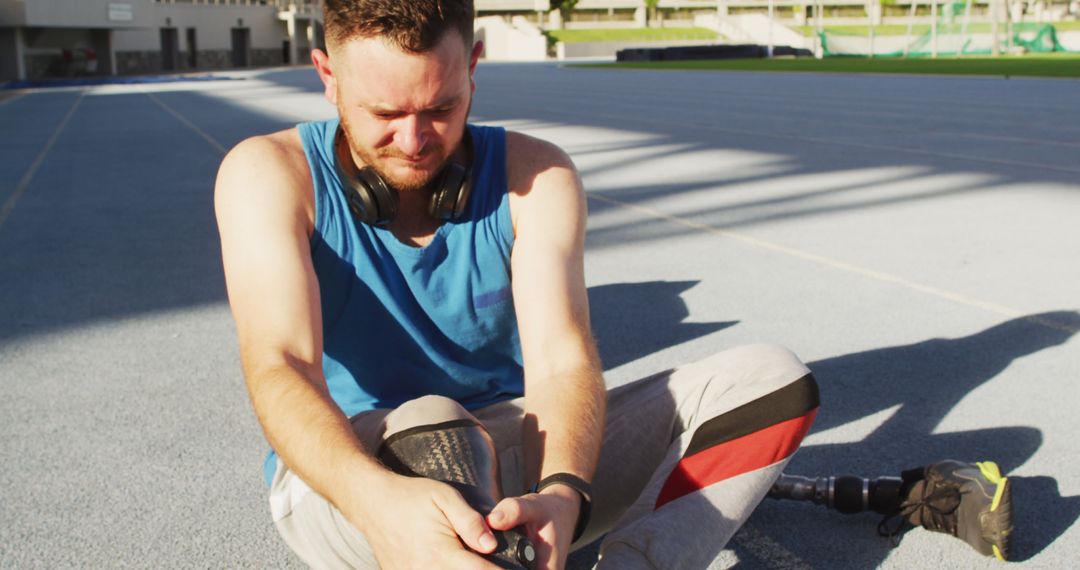 Disabled Male Athlete Prepares for Run with Blade Prosthetic