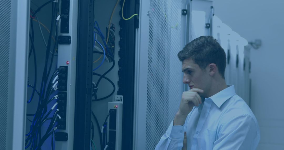 Technician Analyzing Server Room for Optimal Performance