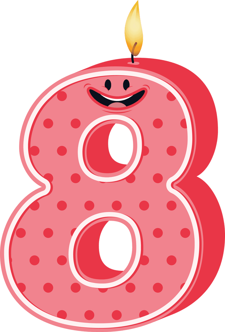 Red Polka Dot Number Eight Candle on Transparent Background