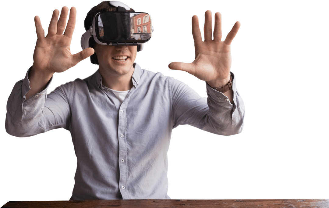 Young Man Enjoying Virtual Reality Experience with Transparent Background
