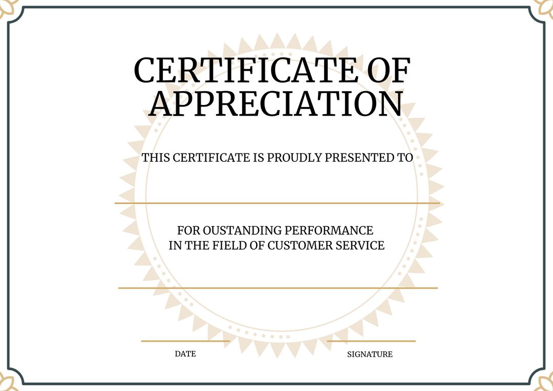 Certificate of Appreciation Template for Outstanding Customer Service - Download Free Stock Templates Pikwizard.com