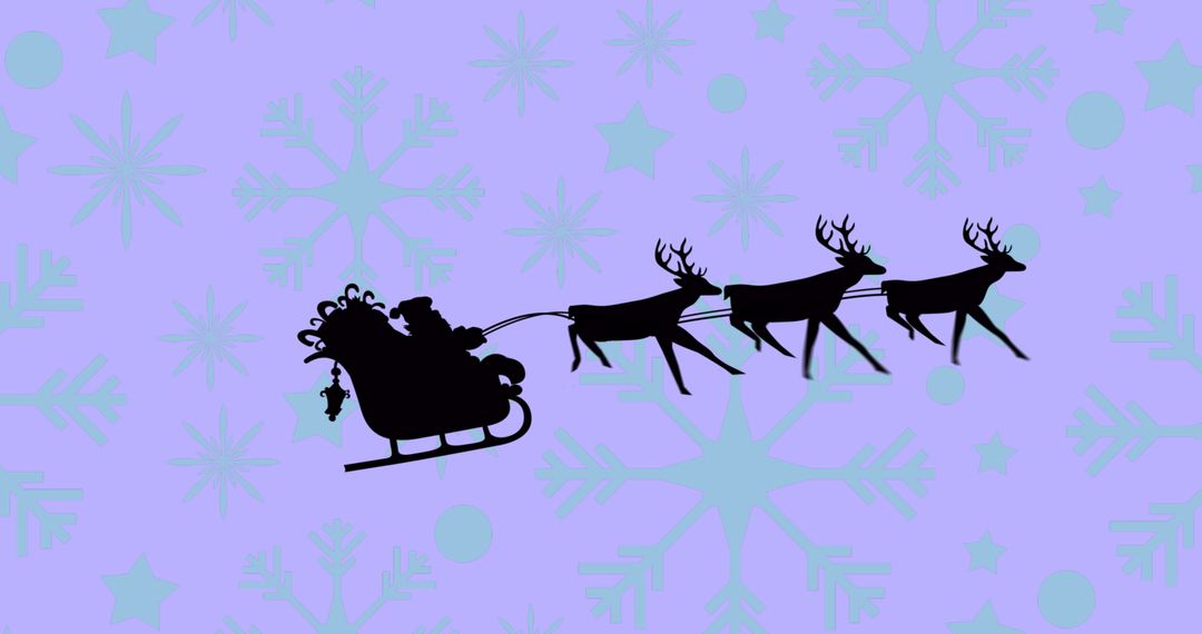 Santa Claus and Reindeer Flight on Lavender Snowflake Background