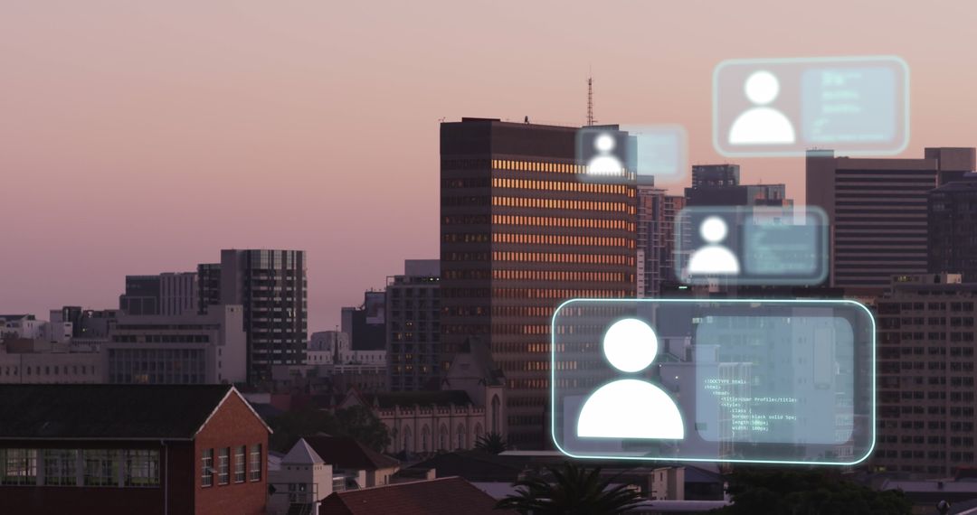 Digital Data Processing Over City Skyline at Sunset