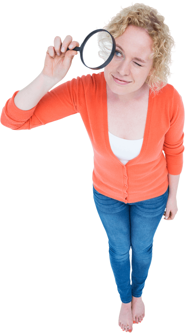 Curious Woman with Transparent Magnifying Glass Focused