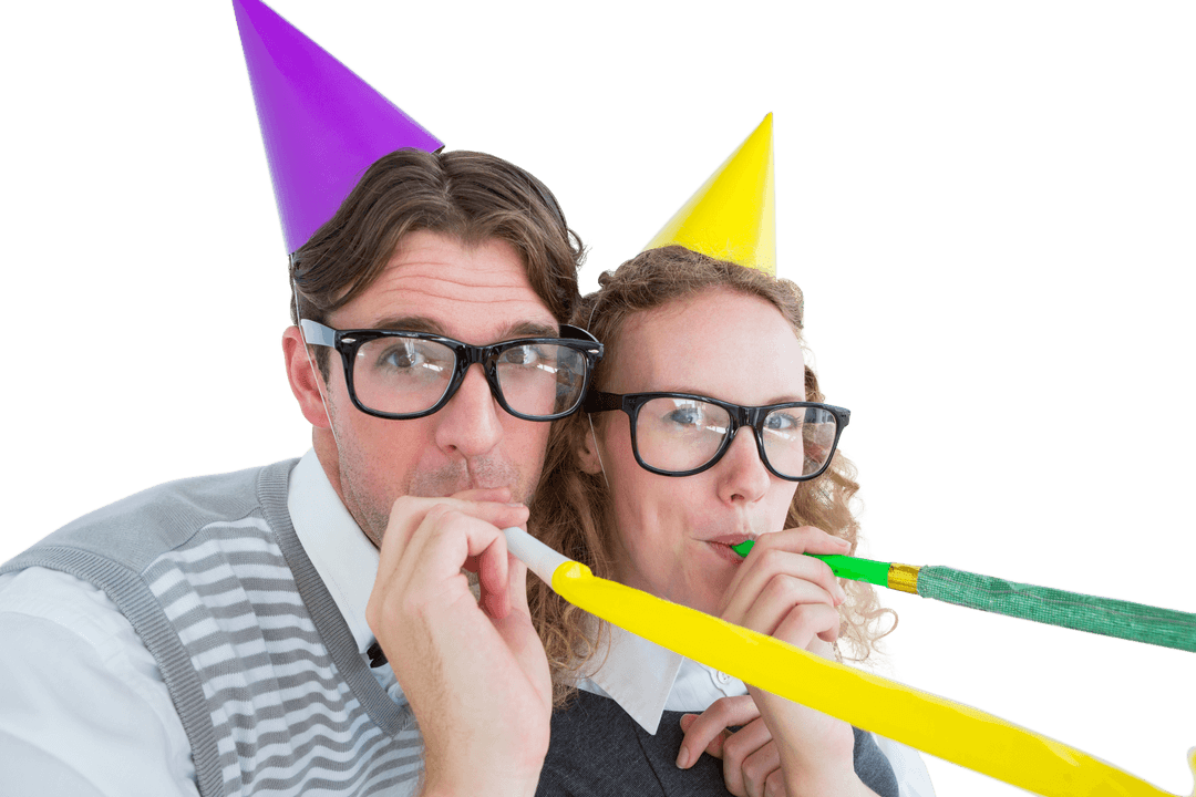 Transparent Geeky Hipster Couple Celebrating with Party Horns