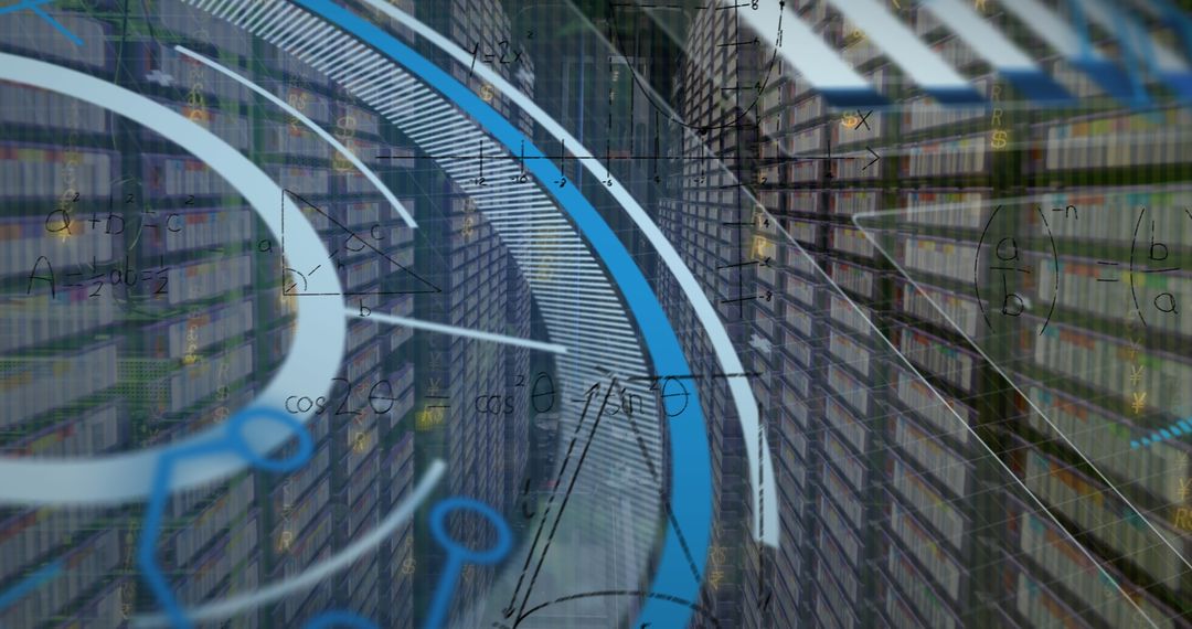 Futuristic Data Center Corridor with Digital Analytics Overlays