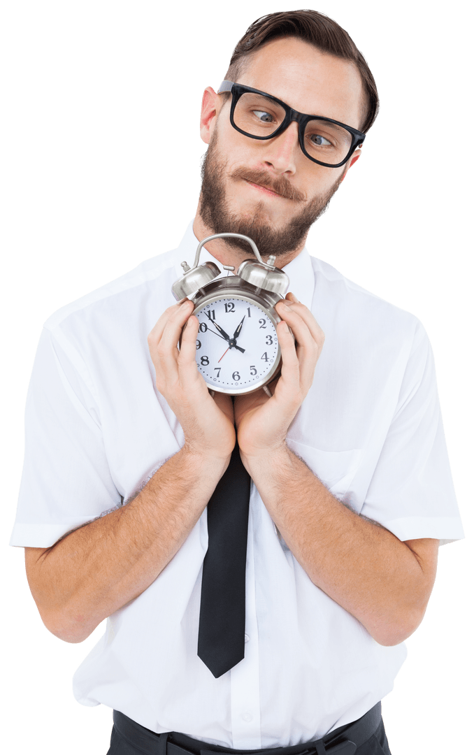 Transparent Geeky Businessman Holding Large Alarm Clock