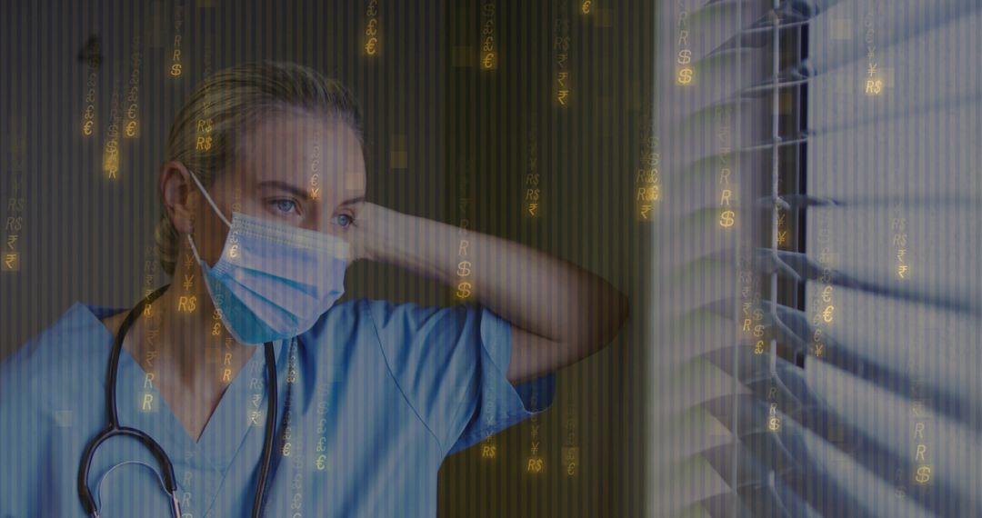Worried Healthcare Worker Analyzing Financial Data On Virtual Screen