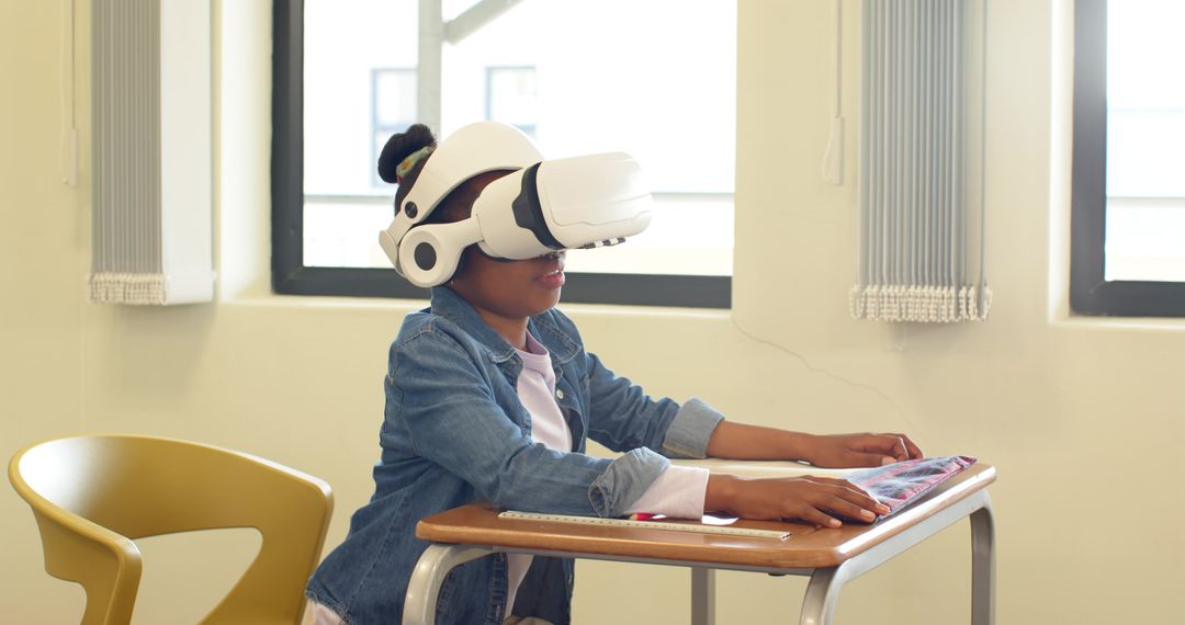 Girl Engaging with VR Headset in Classroom Learning Environment