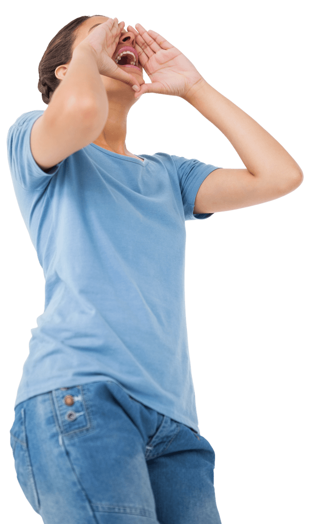 Energetic Woman Shouting Enthusiastically on Transparent Background