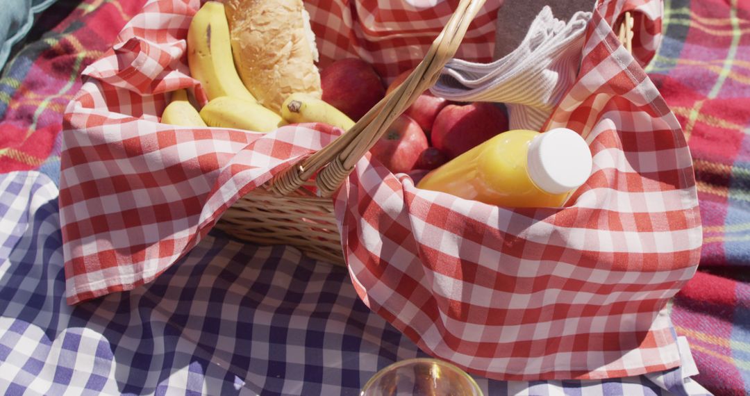 Summer Picnic with Fruits and Juice on Checkered Blankets