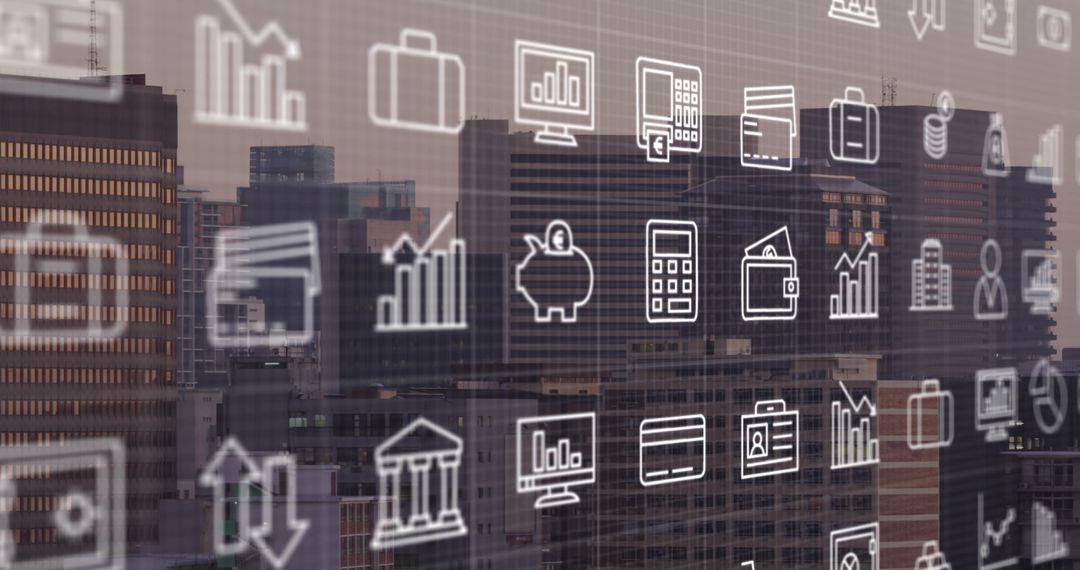 Financial Data Icons Over Cityscape Representing Global Business Progress