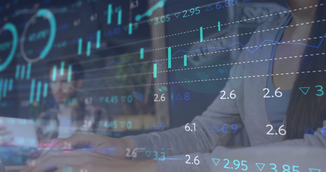 Overlay of Financial Data Charts with Businesswoman Typing in Office - Free Images, Stock Photos and Pictures on Pikwizard.com