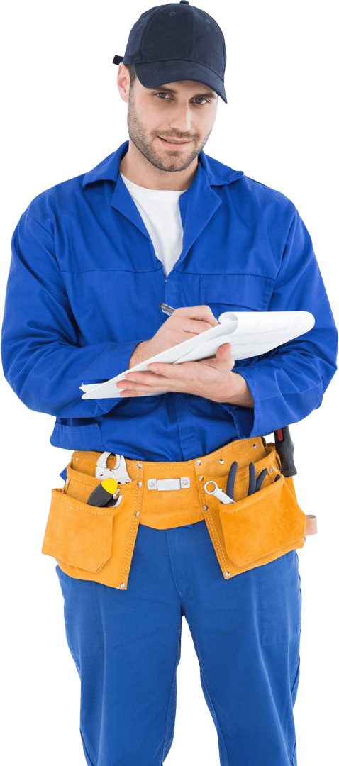Transparent Careful Repairman Writing Document in Uniform