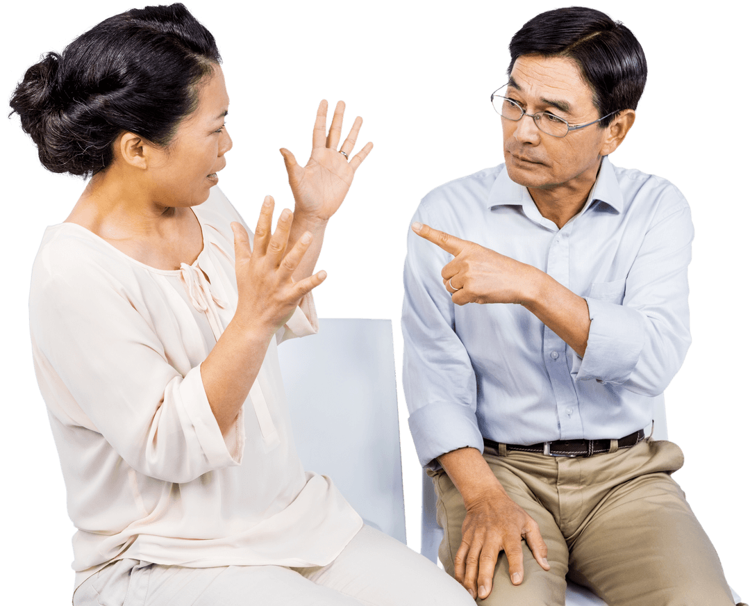 Elderly Asian Couple Engaged in Intense Discussion on Transparent Background