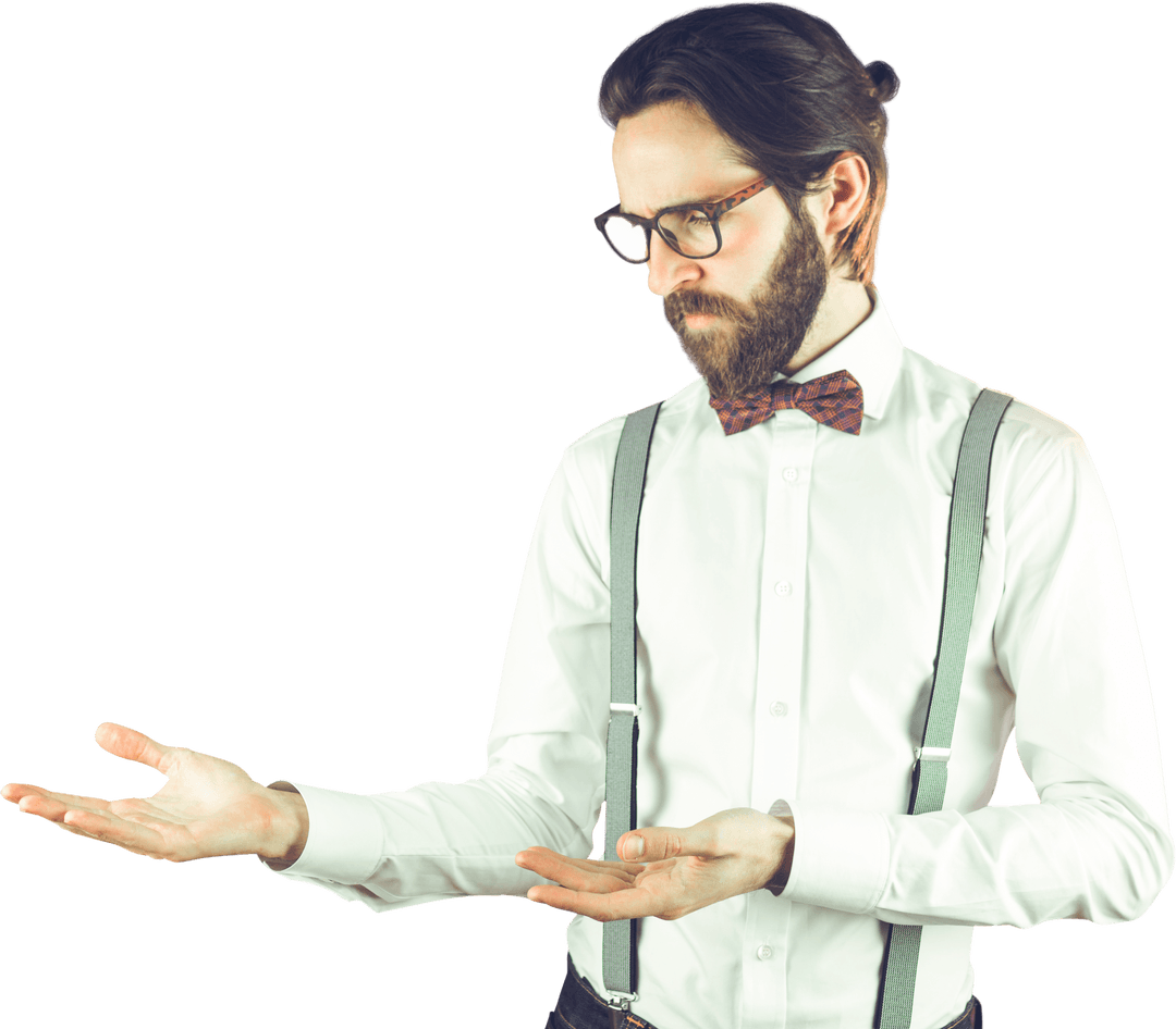 Thoughtful Man With Beard and Glasses Holding Invisible Object Transparent
