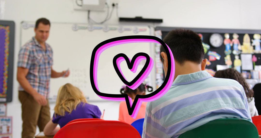 Elementary students listening to teacher with colorful heart speech bubble
