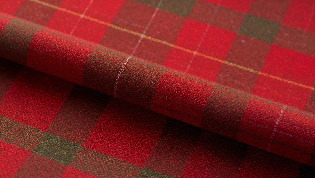 Folded Red Green Tartan Wool Fabric Showing Plaid Texture and Brushed Nap Closeup