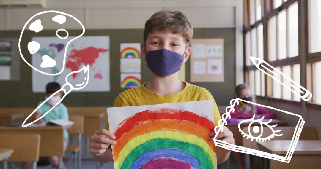 Creative Boy Holding Rainbow Art in Classroom with Mask