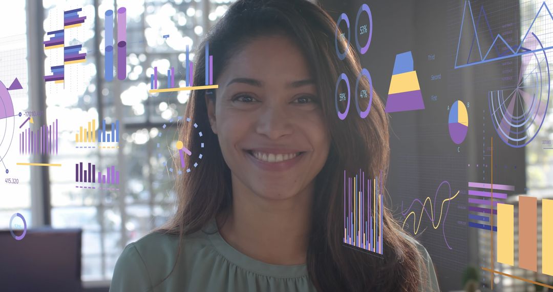 Smiling Businesswoman with Data Visualization in Modern Office