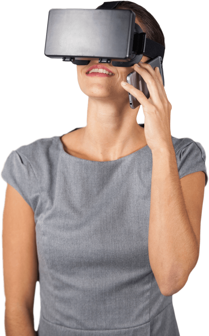 Transparent View: Woman Talking on Phone with Virtual Reality Headset