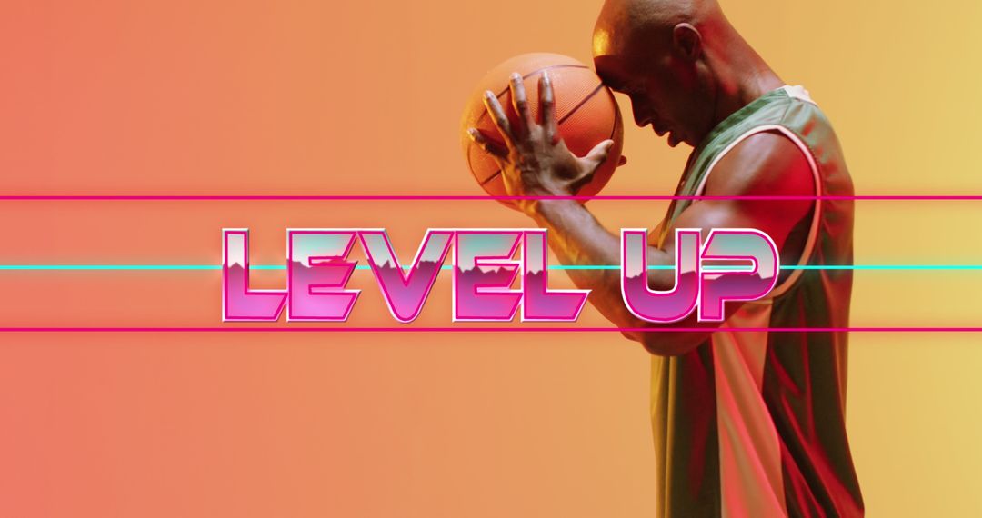 Basketball Player with Motivational Level Up Text in Neon Design