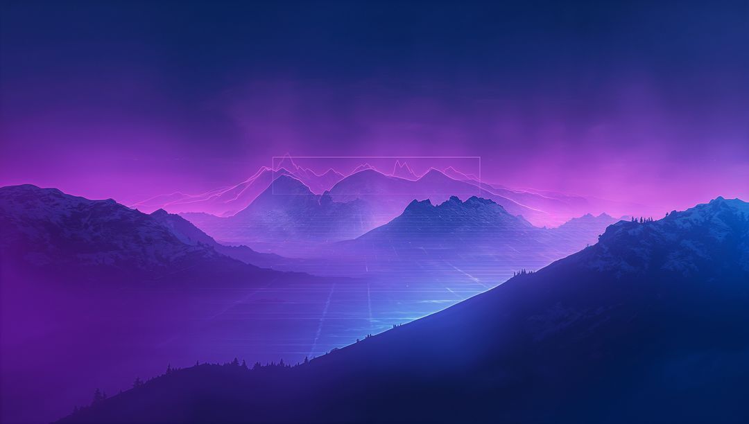 Neon Retro Mountain Landscape with Glowing Grid Valley and Wireframe Peaks