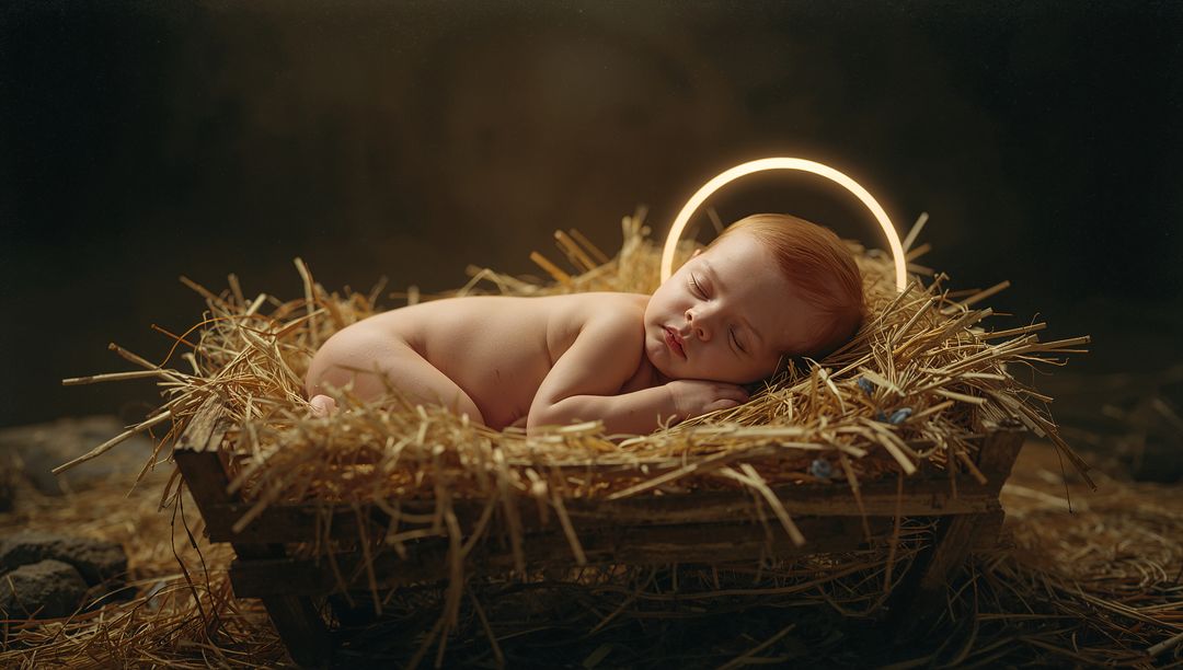 Peaceful Newborn Resting in Rustic Manger with Halo
