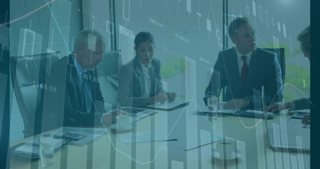Executive team analyzing financial data in boardroom with transparent stock charts overlay
