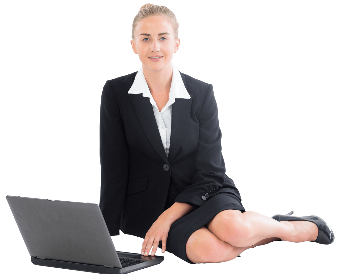 Transparent Confident Businesswoman with Laptop Sitting Pose