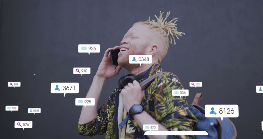 Albino Man Engaging with Smartphone and Social Media Connections