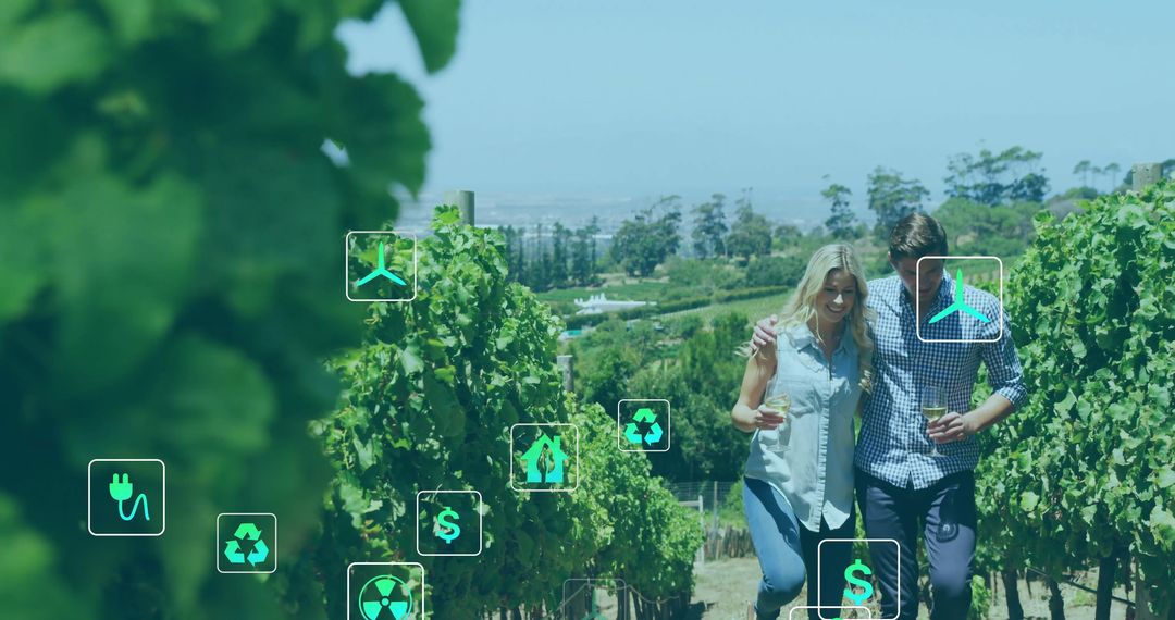 Eco Conscious Couple Enjoying Vineyard with Digital Overlay