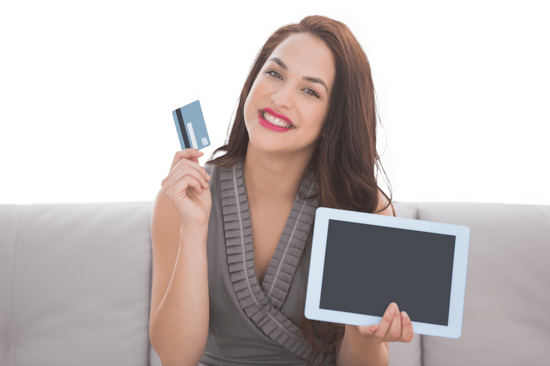 Smiling Woman Holding Credit Card and Tablet on Transparent Background