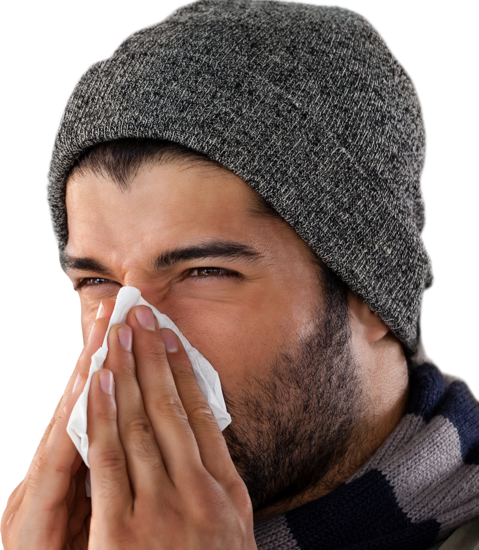 Transparent close-up of bearded man blowing nose with tissue in winter attire - Download Free Stock Images Pikwizard.com