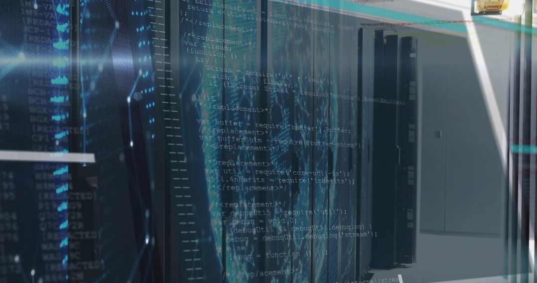 Server racks reflecting and overlaying code while network LEDs glowing in futuristic data center