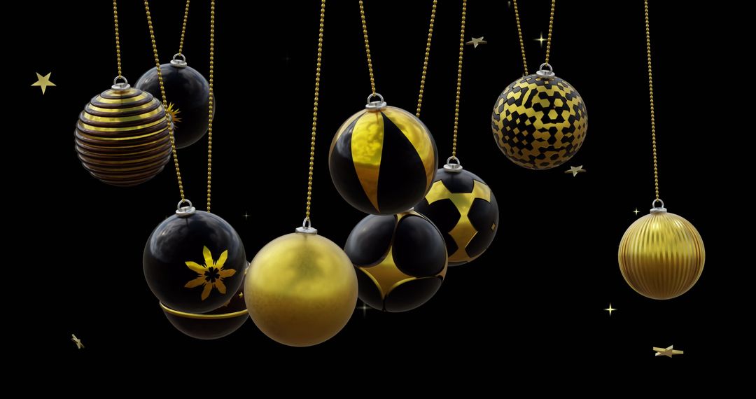 Black and Gold Christmas Baubles Swinging with Gold Stars on Black Background - Free Images, Stock Photos and Pictures on Pikwizard.com